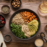 Nourriture healthy, Buddha bowl et table en bois