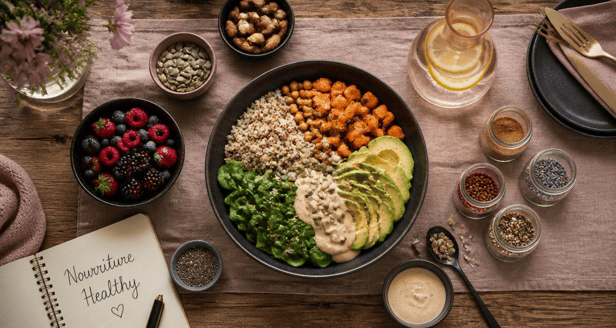 Nourriture healthy, Buddha bowl et table en bois