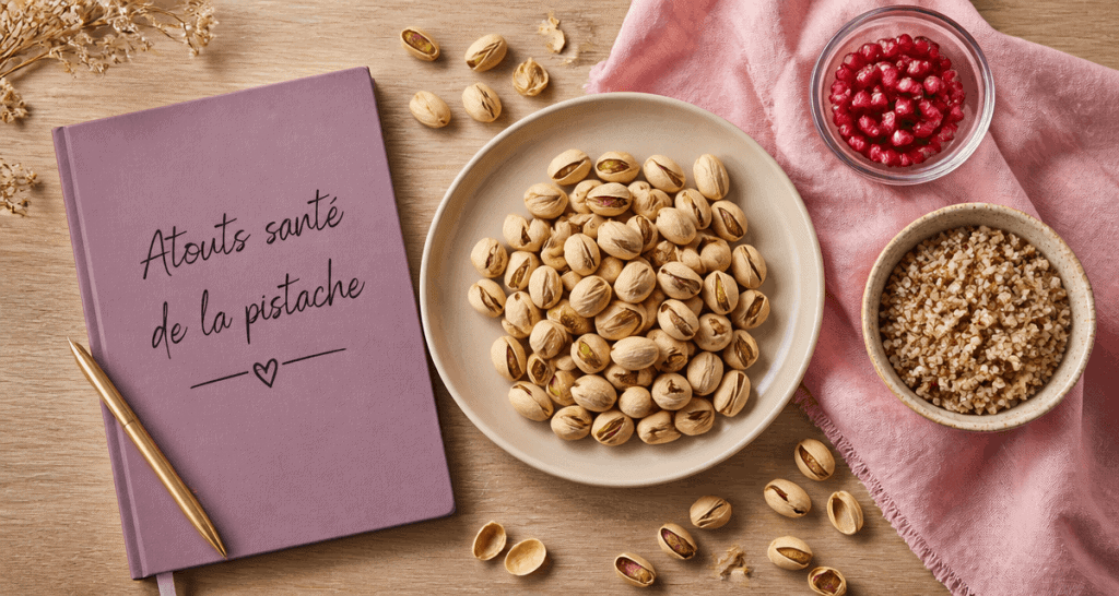 Pistache bon pour la sante sur table avec grenade et quinoa