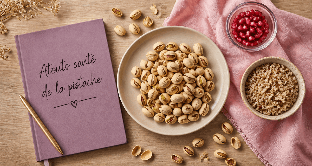Pistache bon pour la sante sur table avec grenade et quinoa