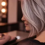 Coupe cheveux gris dégradé, carré plongeant argenté, volume et modernité