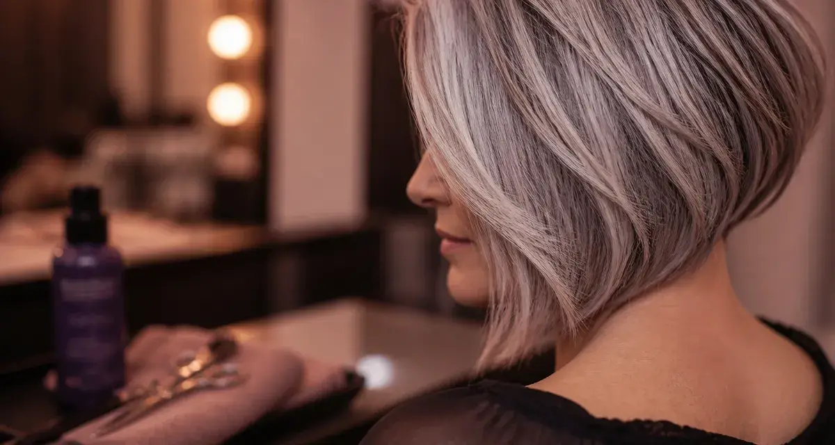 Coupe cheveux gris dégradé, carré plongeant argenté, volume et modernité