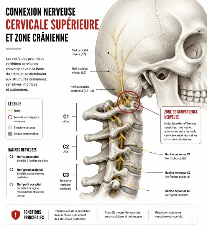 Schéma anatomique expliquant le lien entre les cervicales et les maux de tête