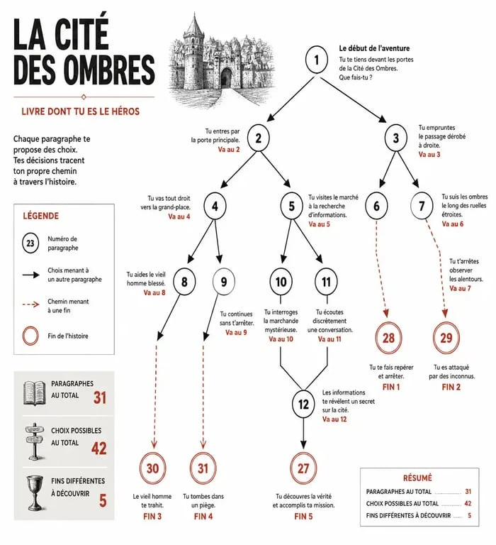 Schéma illustrant la structure arborescente d'un livre dont tu es le héros avec des choix de paragraphes