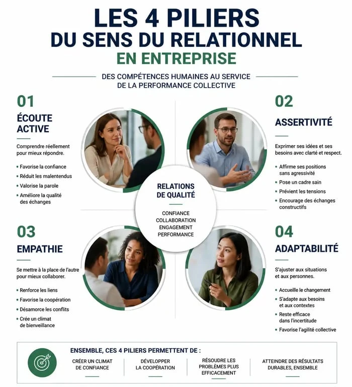 Infographie des piliers du sens du relationnel en entreprise