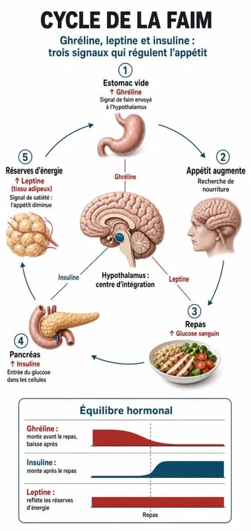 Schéma explicatif des mécanismes hormonaux de la faim et sensation de faim permanente