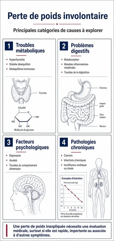 Infographie des causes de perte de poids involontaire et signes d'alerte médicaux