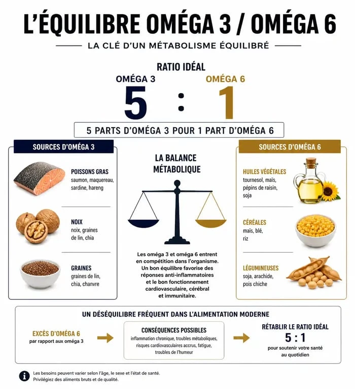 Infographie sur l'équilibre et le ratio optimal entre oméga 3 et 6 dans l'alimentation