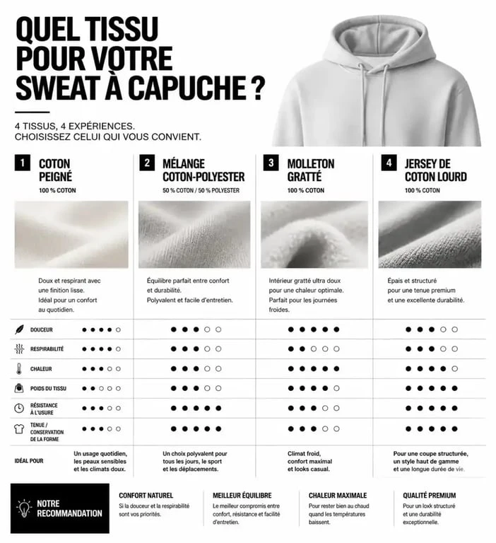 Infographie comparative des matières pour sweat à capuche noir homme : coton, molleton et jersey