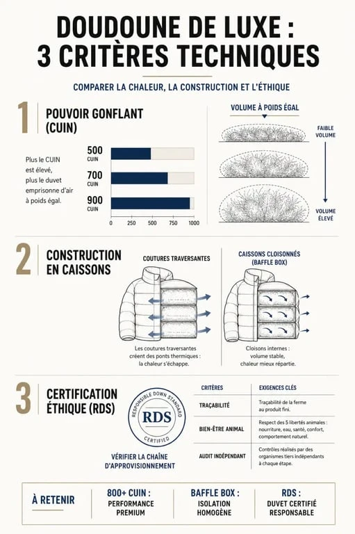 Infographie comparative des critères techniques d'une marque de doudoune de luxe : CUIN, construction et certifications