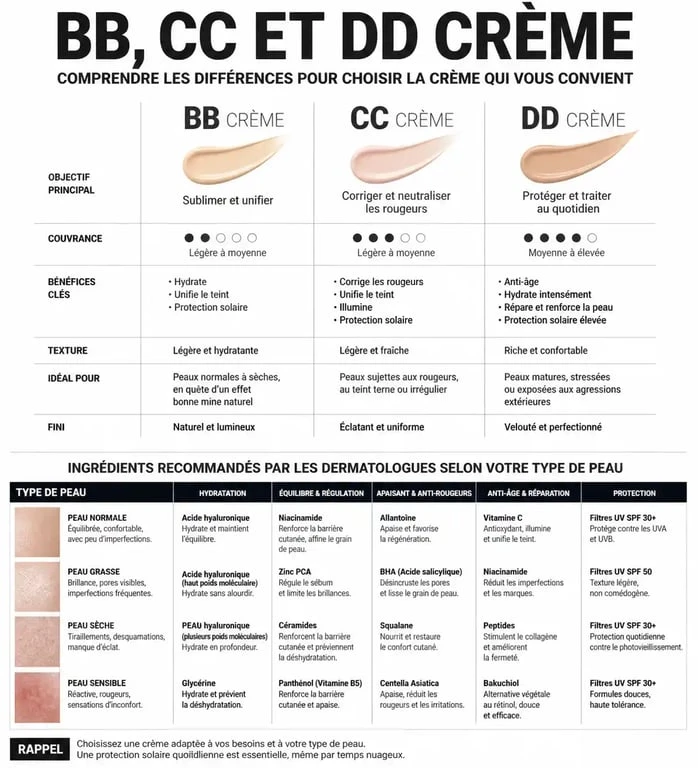 Infographie comparative BB crème, CC crème et DD crème selon l'avis d'un dermatologue