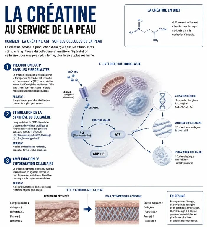 Infographie expliquant les effets de la créatine sur la peau, la synthèse du collagène et l'hydratation cellulaire.