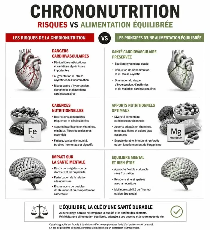 Infographie comparative des dangers de la chrononutrition et des recommandations pour une alimentation équilibrée