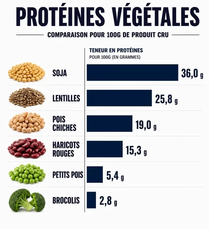Infographie comparative de la teneur en protéines des légumes riches en protéines pour 100g