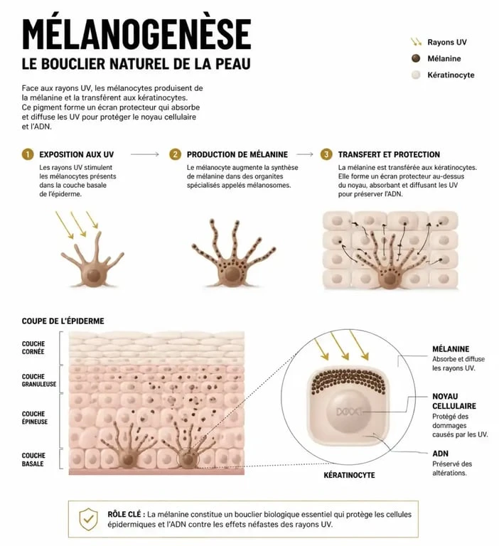 Infographie expliquant le processus biologique du bronzage naturel et de la production de mélanine par la peau
