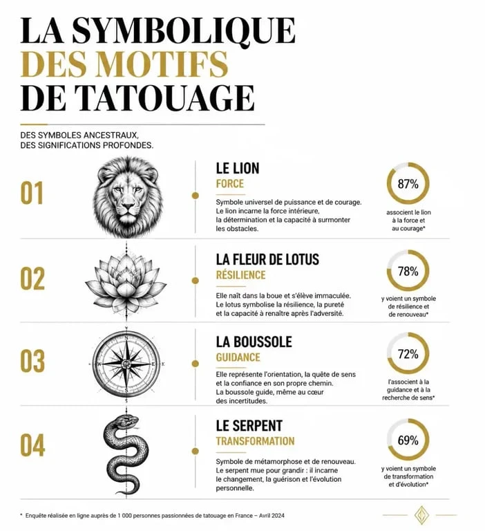 Infographie récapitulative de la symbolique des motifs de tatouage les plus populaires
