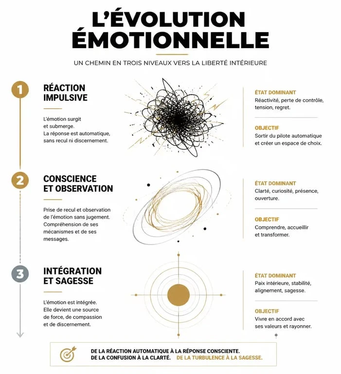 Infographie illustrant les trois niveaux de la maturité émotionnelle : réaction, conscience et intégration.
