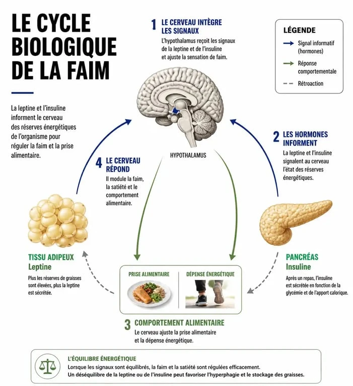 Infographie expliquant les mécanismes biologiques de la faim et la résistance à la leptine pour maigrir