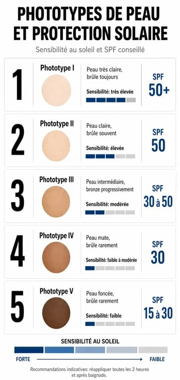 Infographie des phototypes de peau et indices de protection solaire recommandés pour bronzer sans risque