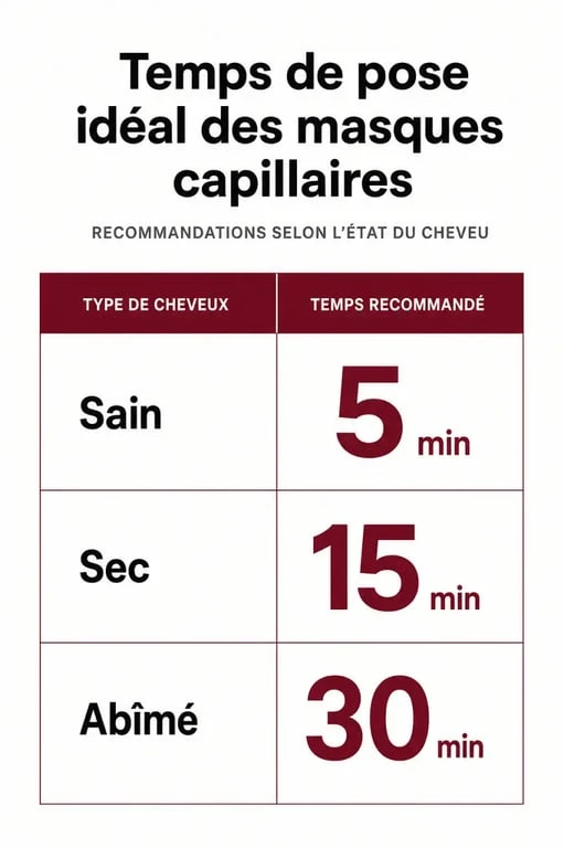 Infographie sur le temps de pose idéal d'un masque cheveux selon le type de fibre capillaire