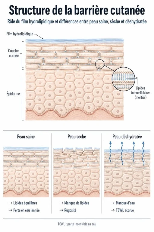 Infographie expliquant comment hydrater sa peau et la différence entre peau sèche et déshydratée