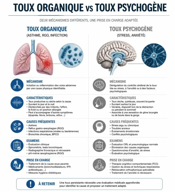 Infographie comparative entre la toux organique et la toux psychogène liée au stress