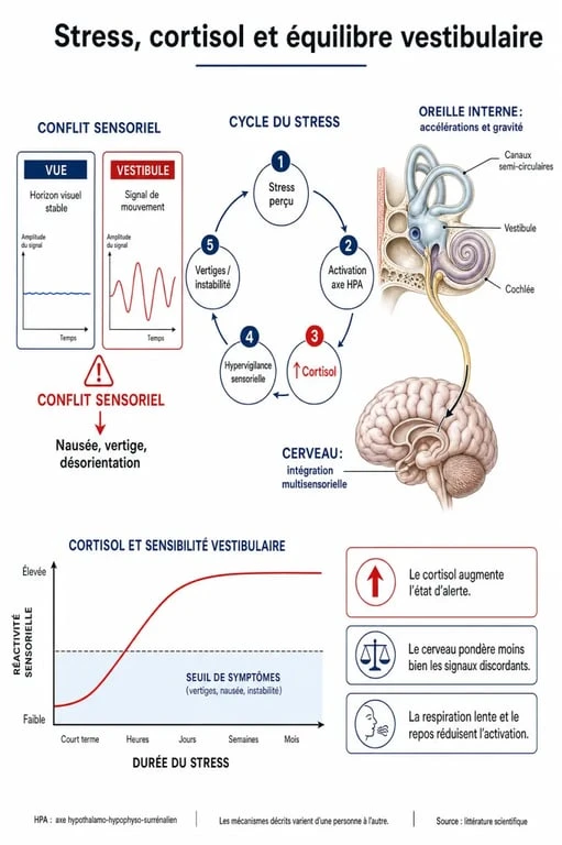 Infographie expliquant le lien entre le stress et les vertiges et les mécanismes physiologiques associés.