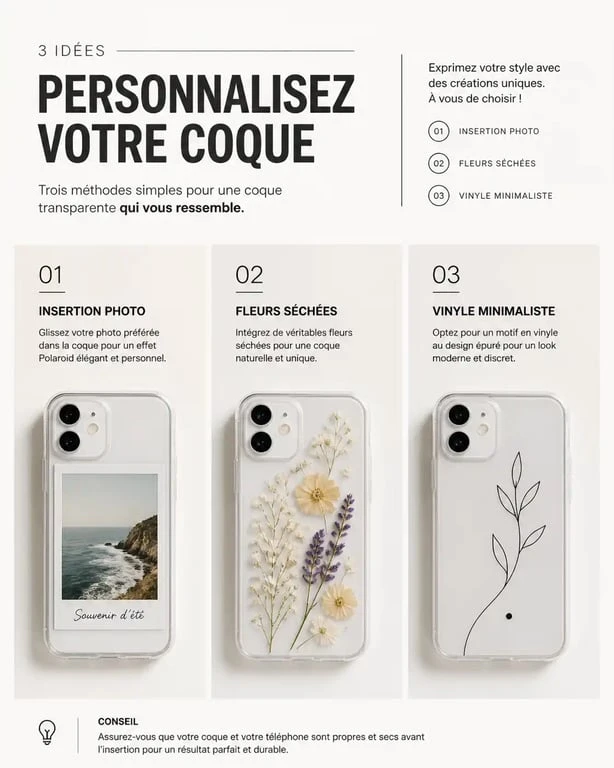 Exemples de méthodes pour personnaliser sa coque de téléphone transparente : photos, fleurs séchées et stickers