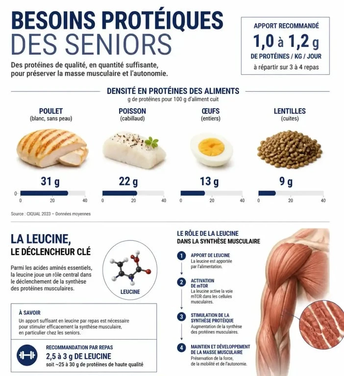 Infographie sur les aliments riches en protéines pour personnes âgées et le rôle de la leucine