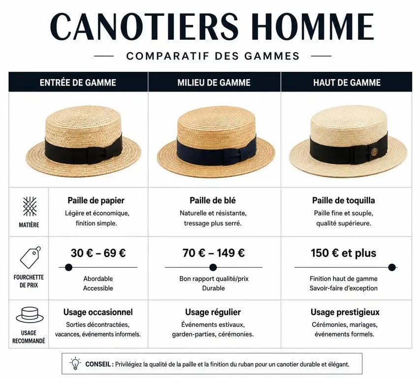 Infographie comparative des gammes de canotier homme : matières, prix et usages