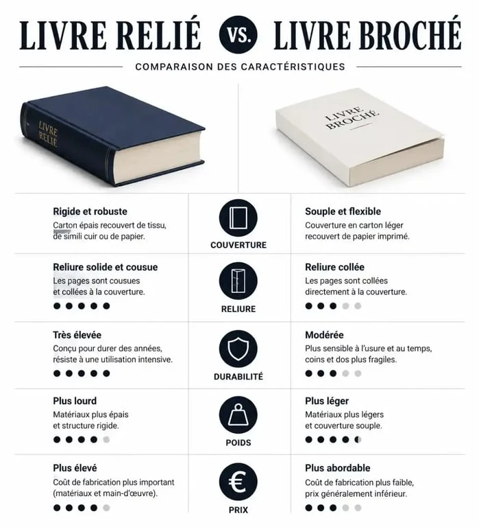 Comparatif visuel entre livre relié et livre broché pour bien choisir son édition
