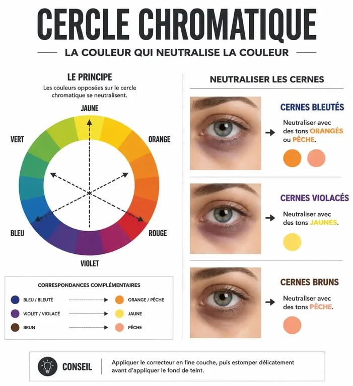 Infographie explicative sur comment choisir son anti cernes selon la colorimétrie pour neutraliser les cernes bleus, violets ou bruns
