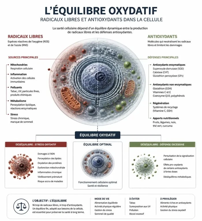 Schéma explicatif du mécanisme du stress oxydatif et de la balance antioxydante dans l'organisme