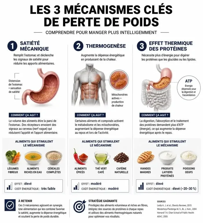 Infographie des 20 aliments qui font maigrir et leurs mécanismes d'action sur le métabolisme