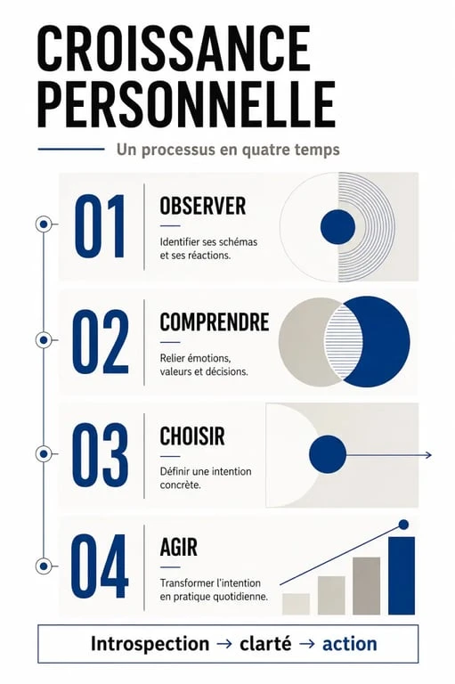 Schéma illustrant les 4 étapes clés de la remise en question pour une introspection efficace