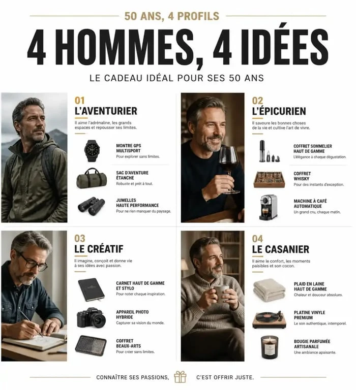 Infographie des idées de cadeau qui touche un homme de 50 ans selon son profil