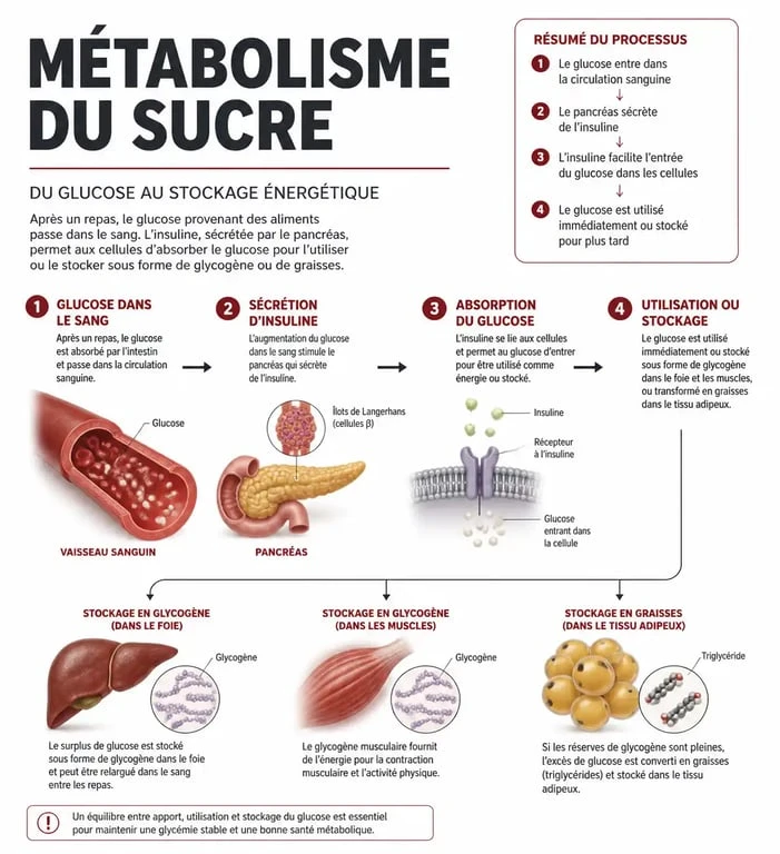 Infographie expliquant le lien entre le sucre et la prise de poids via le métabolisme de l'insuline