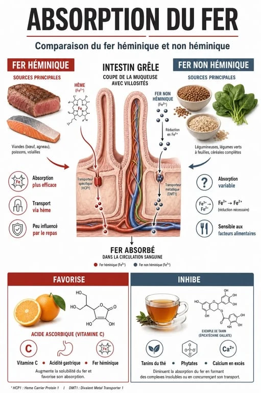 Infographie sur l'absorption du fer alimentaire et les aliments riches en fer