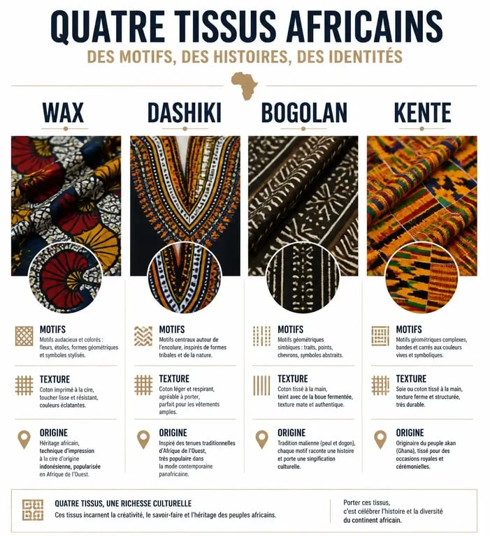 Comparatif des tissus pour chemise africaine homme : Wax, Dashiki, Bogolan et Kente