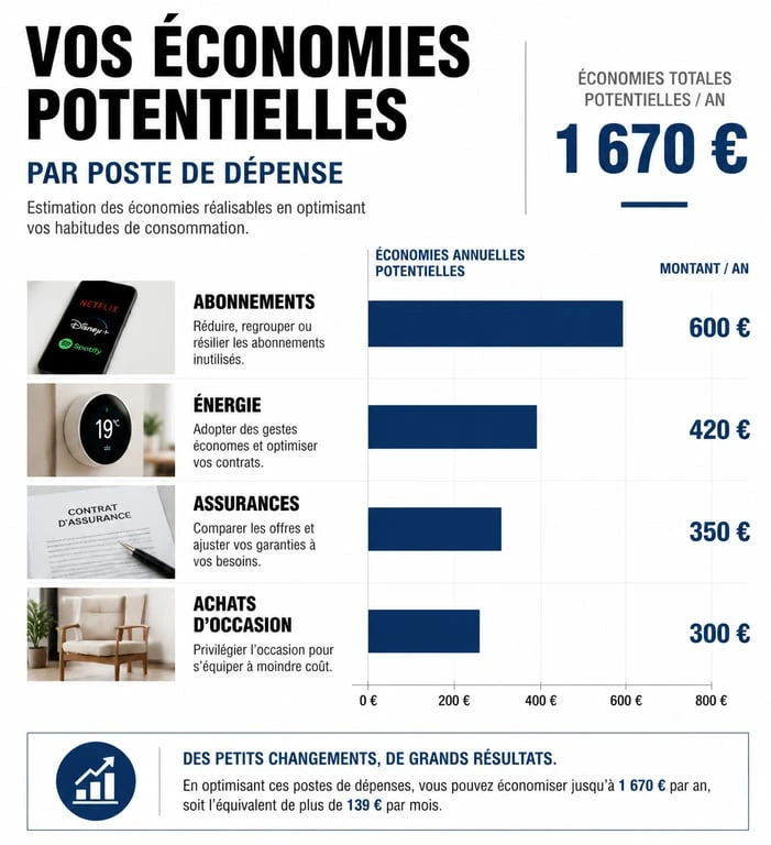 Infographie des économies réalisables pour dépenser moins au quotidien sur les abonnements, l'énergie et les achats.