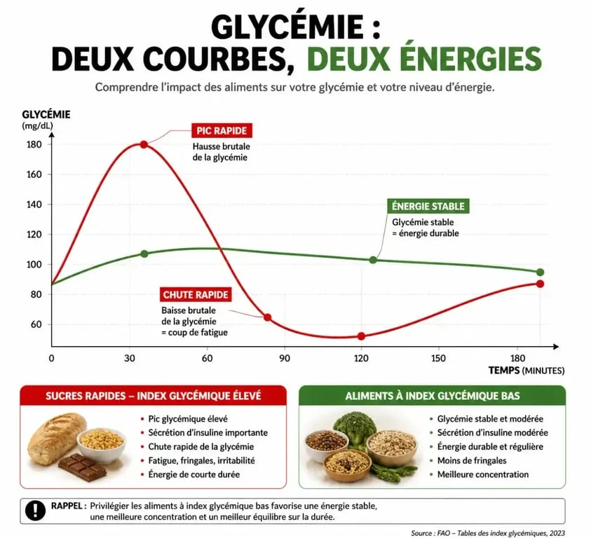 Infographie comparant l'impact des aliments sur la glycémie et l'énergie pour identifier les aliments qui donnent de l'énergie rapidement.