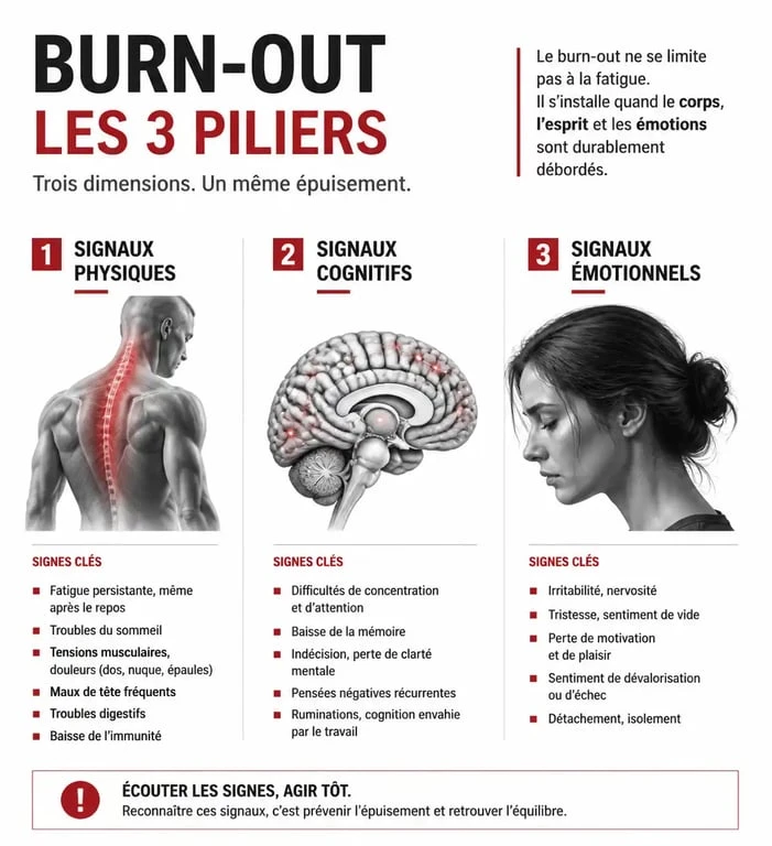Infographie sur les signes du burn-out pour aider une personne en souffrance