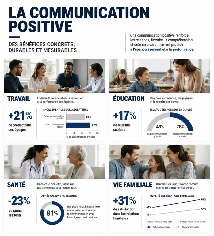 Infographie sur les bénéfices de la communication positive dans le travail, l'éducation, la santé et la famille