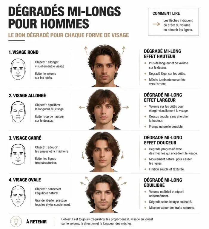 Guide visuel des dégradés mi-longs homme selon la forme du visage