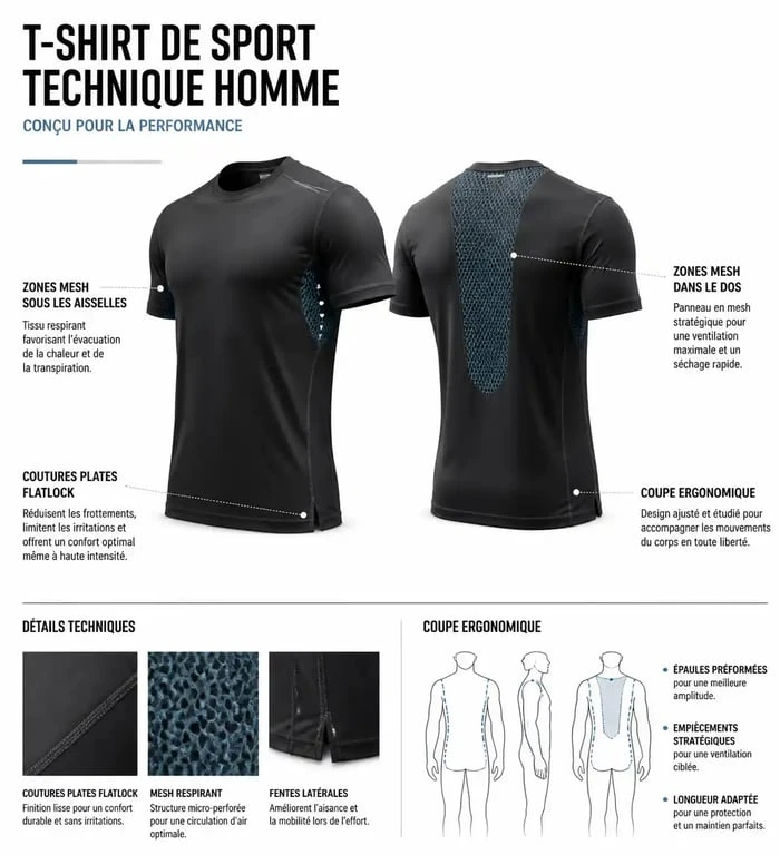 Schéma technique des zones de ventilation et coutures d'un t-shirt de sport homme