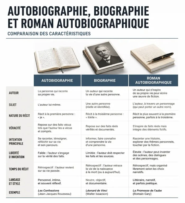 Infographie comparative des genres littéraires : autobiographie, biographie et roman autobiographique