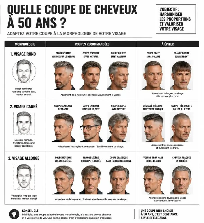 Infographie des meilleures coupes de cheveux pour homme de 50 ans selon la forme du visage
