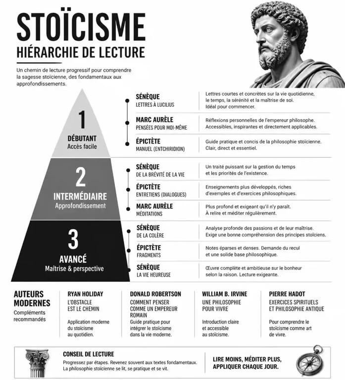 Infographie comparative des meilleurs livres sur le stoïcisme pour débutants et avancés
