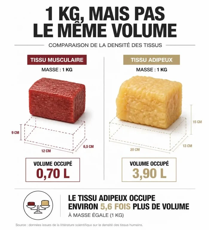 Comparaison visuelle entre le volume du muscle et de la graisse pour comprendre pourquoi on ne perd pas de poids mais on s'affine.