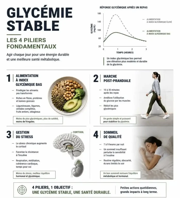 Infographie sur les méthodes naturelles pour faire baisser la glycémie et stabiliser son taux de sucre